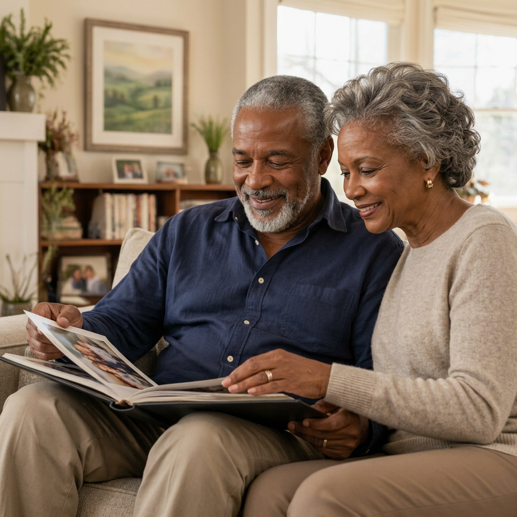 Sample portrait of Walter and Diane looking through family photographs