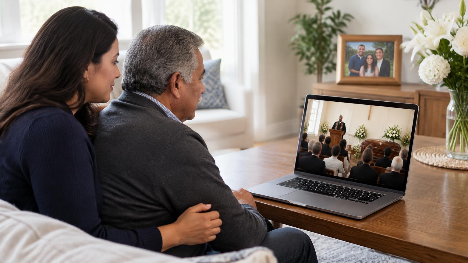 A daughter and her father watching a memorial service together from home