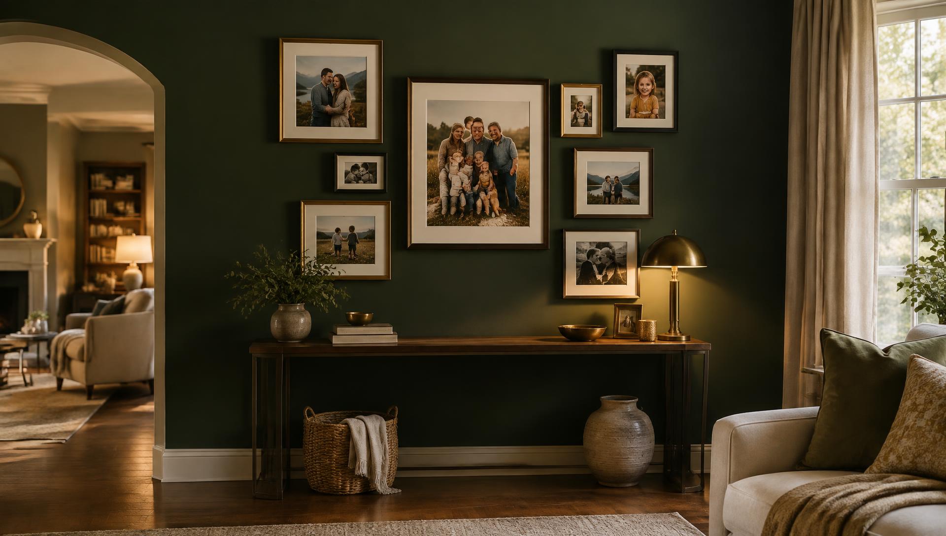 A warm family photograph wall inside a home