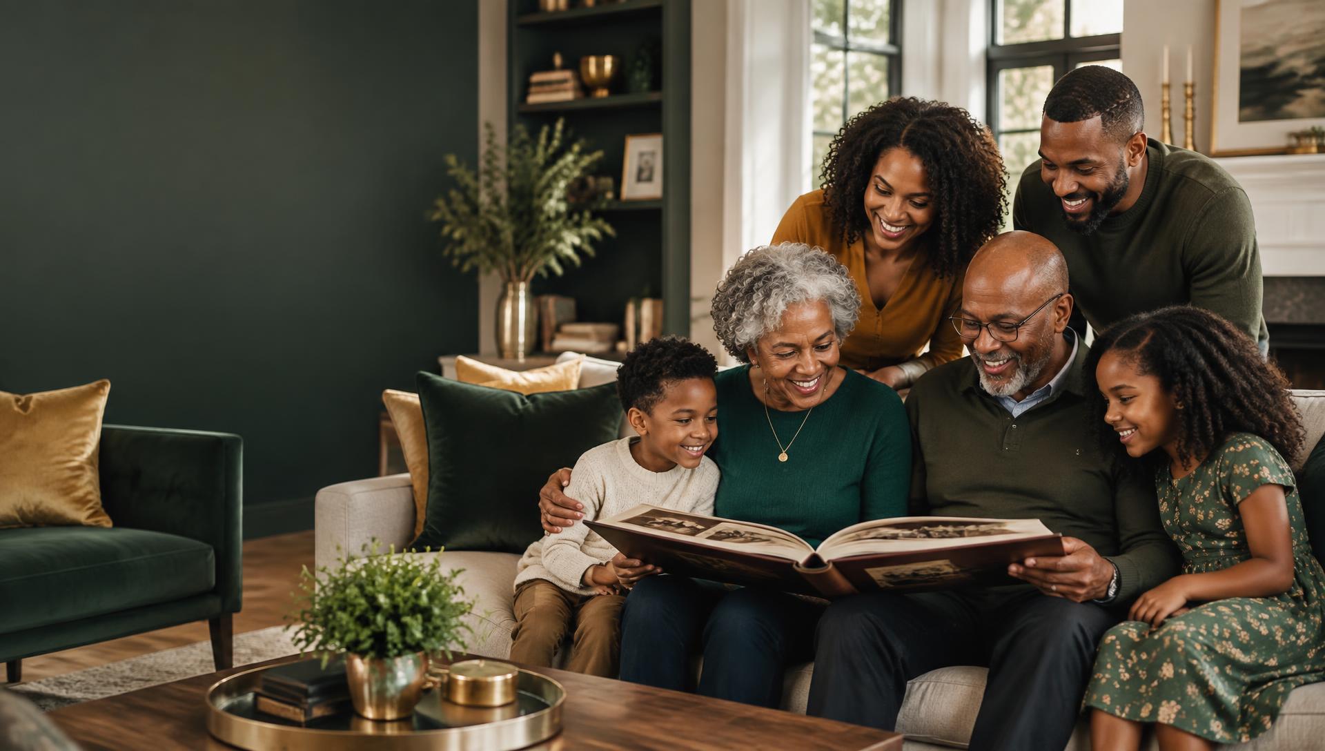 A multigenerational family sharing stories over a photo album