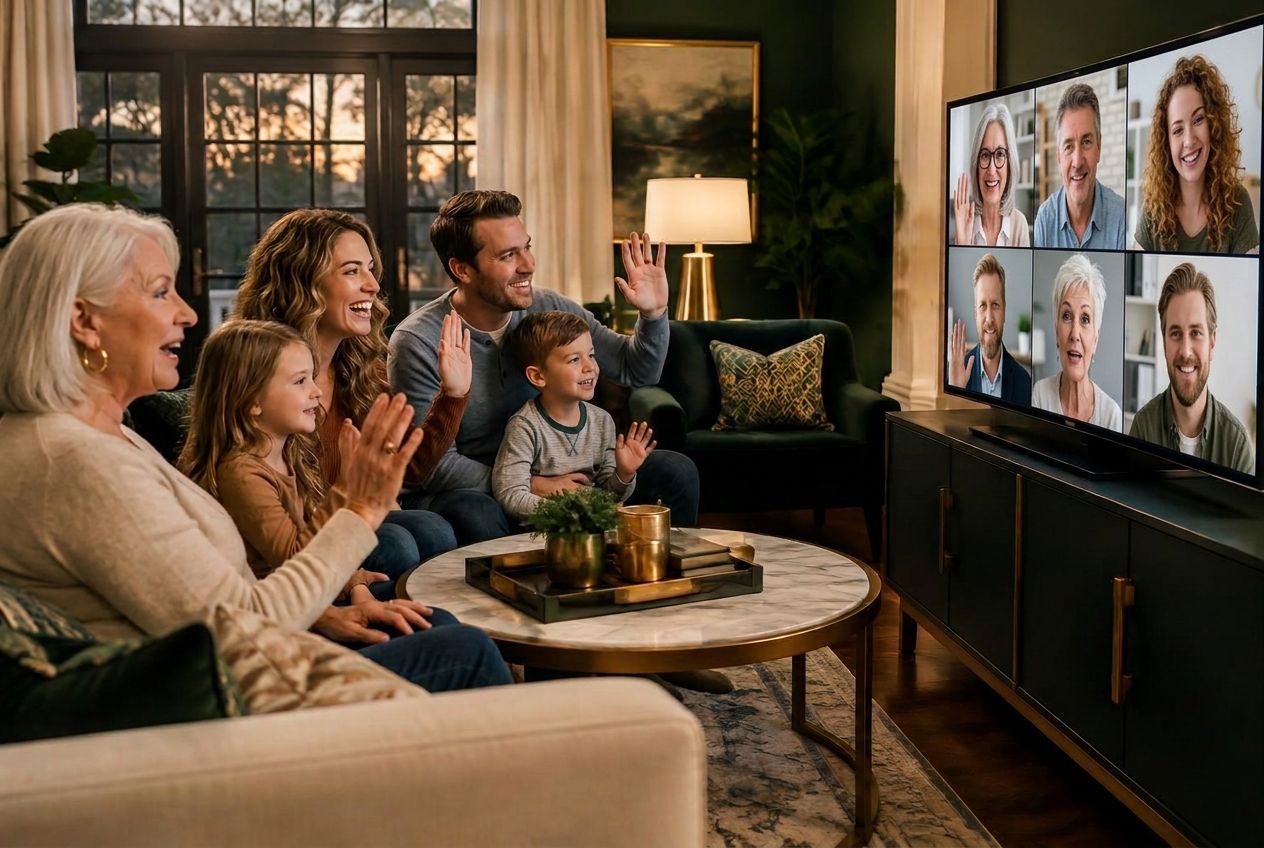 A family talking with six relatives on a television video call