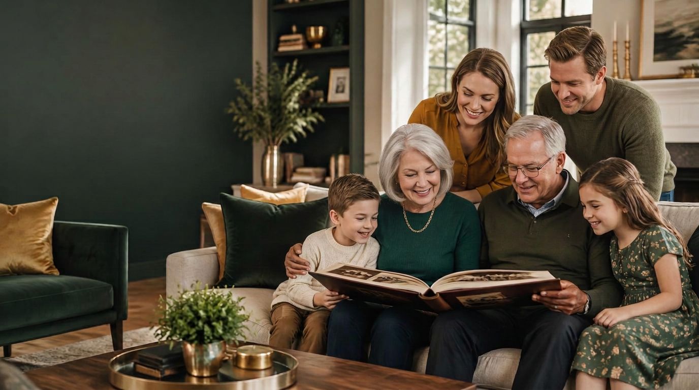 A multigenerational family sharing stories over a photo album