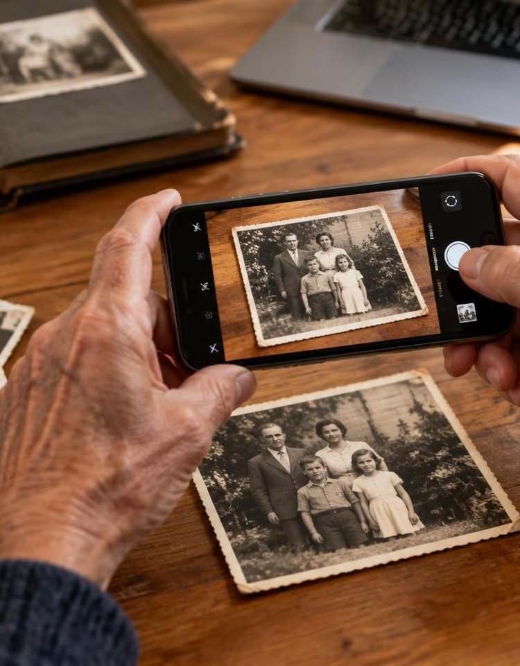 Old family photographs spread on a table