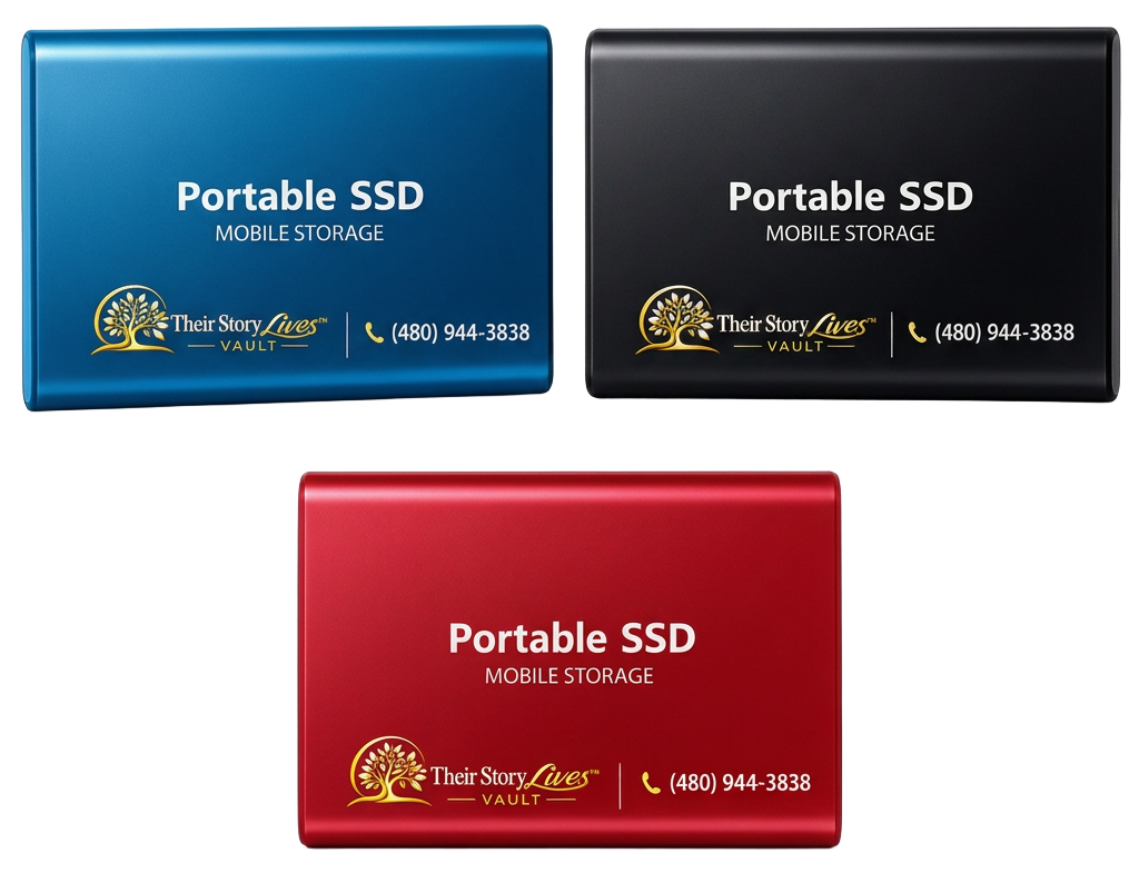 Their Story Lives Vault Portable SSD mobile storage drive in blue, black, and red, compatible with Android, Mac OS, and Windows